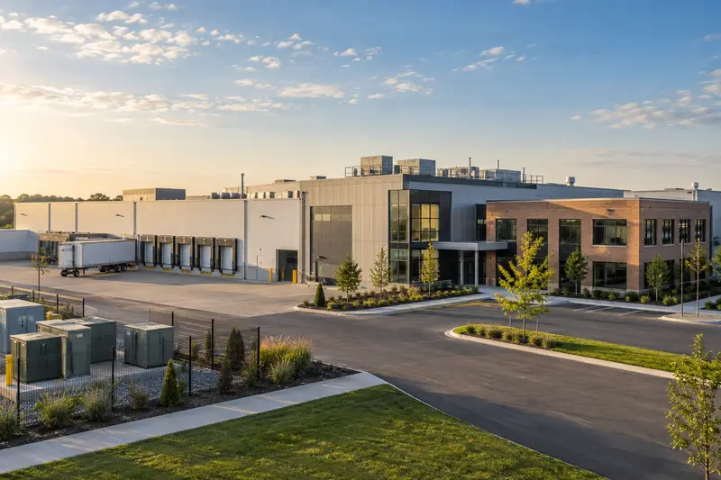 Industrial campus with manufacturing, warehouse and office buildings in morning light